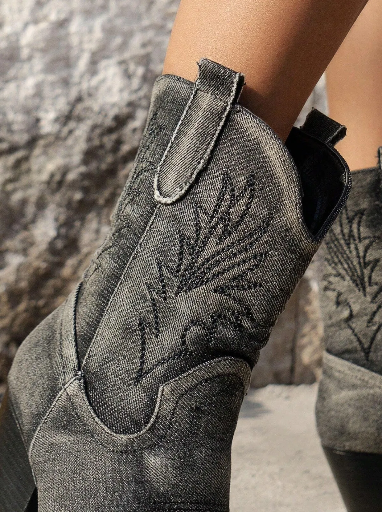Daisy Denim Western Style Mid-Calf Booties