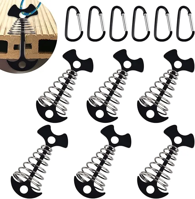 Deck Anchor Pegs,6Pcs Aluminium Alloy Fishbone Tent Stakes Pegs with Carabiners Clips,Windproof Deck Plank Board Tent Pegs Cord with Spring Rope Buckle,Adjuster Tensioner Set for Camping Hiking
