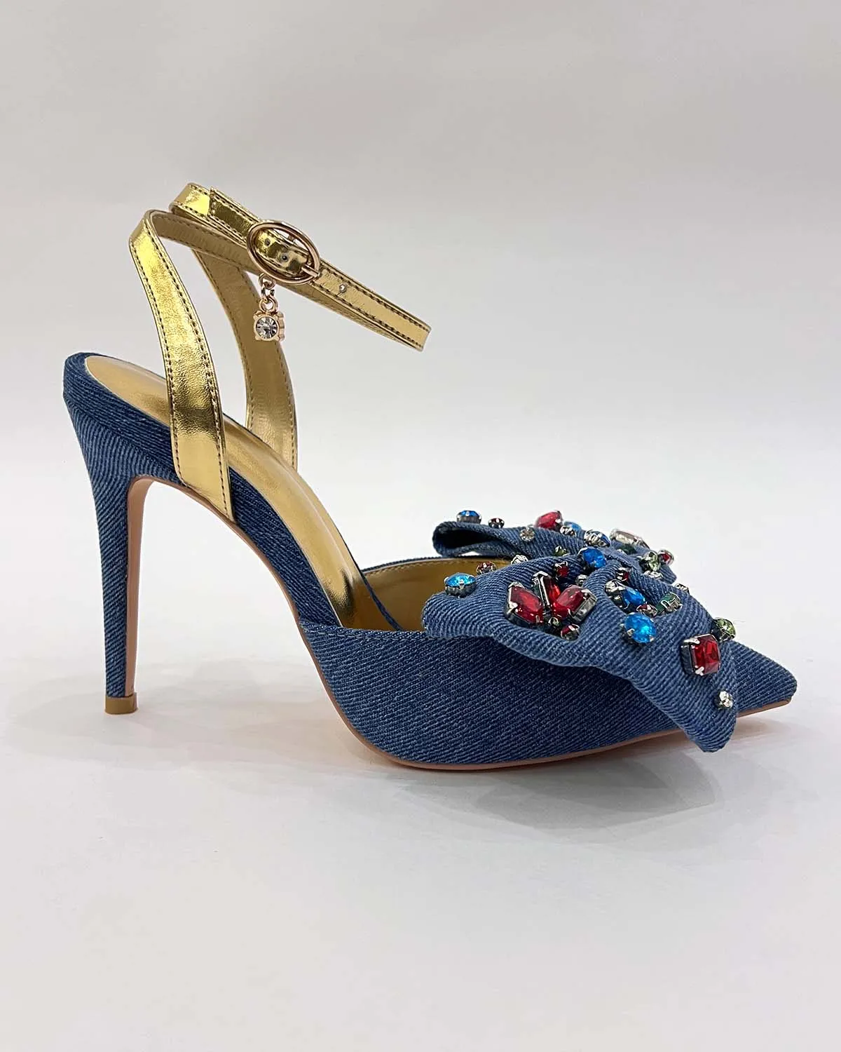 Denim rhinestones slingback pointed toe heels pumps shoes