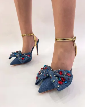 Denim rhinestones slingback pointed toe heels pumps shoes