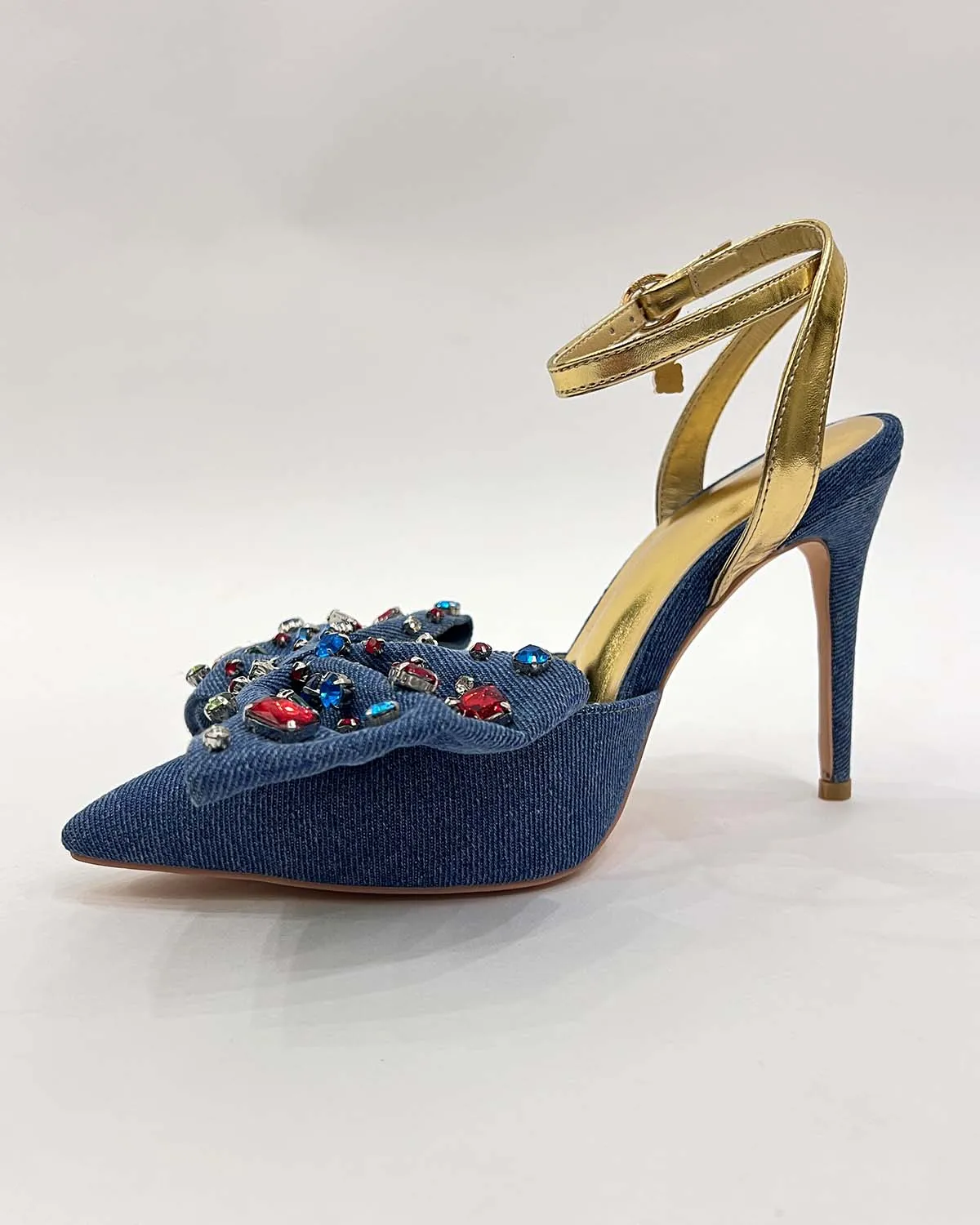 Denim rhinestones slingback pointed toe heels pumps shoes