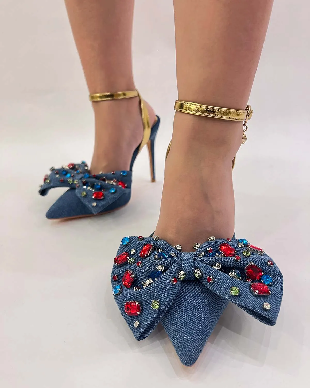 Denim rhinestones slingback pointed toe heels pumps shoes