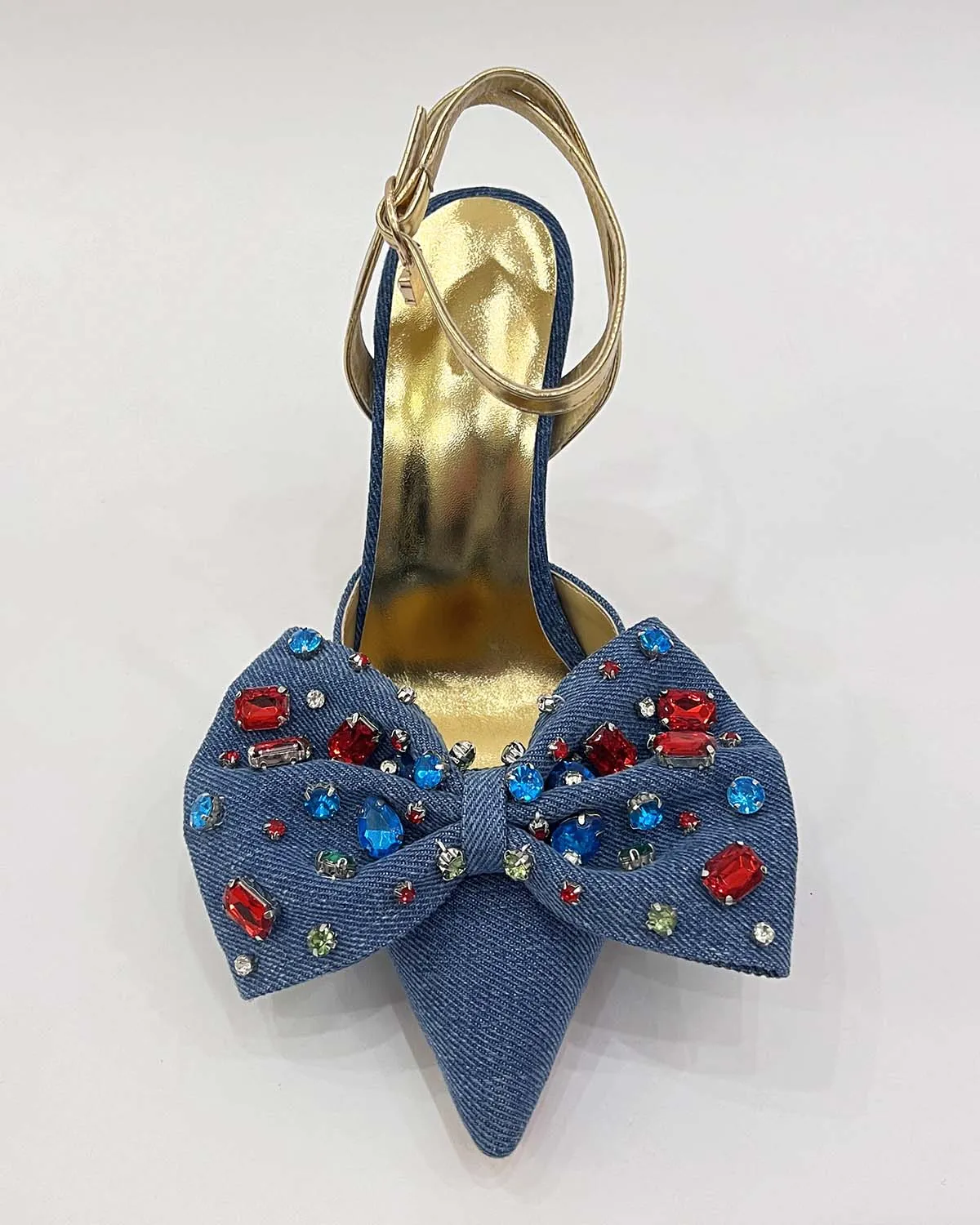 Denim rhinestones slingback pointed toe heels pumps shoes