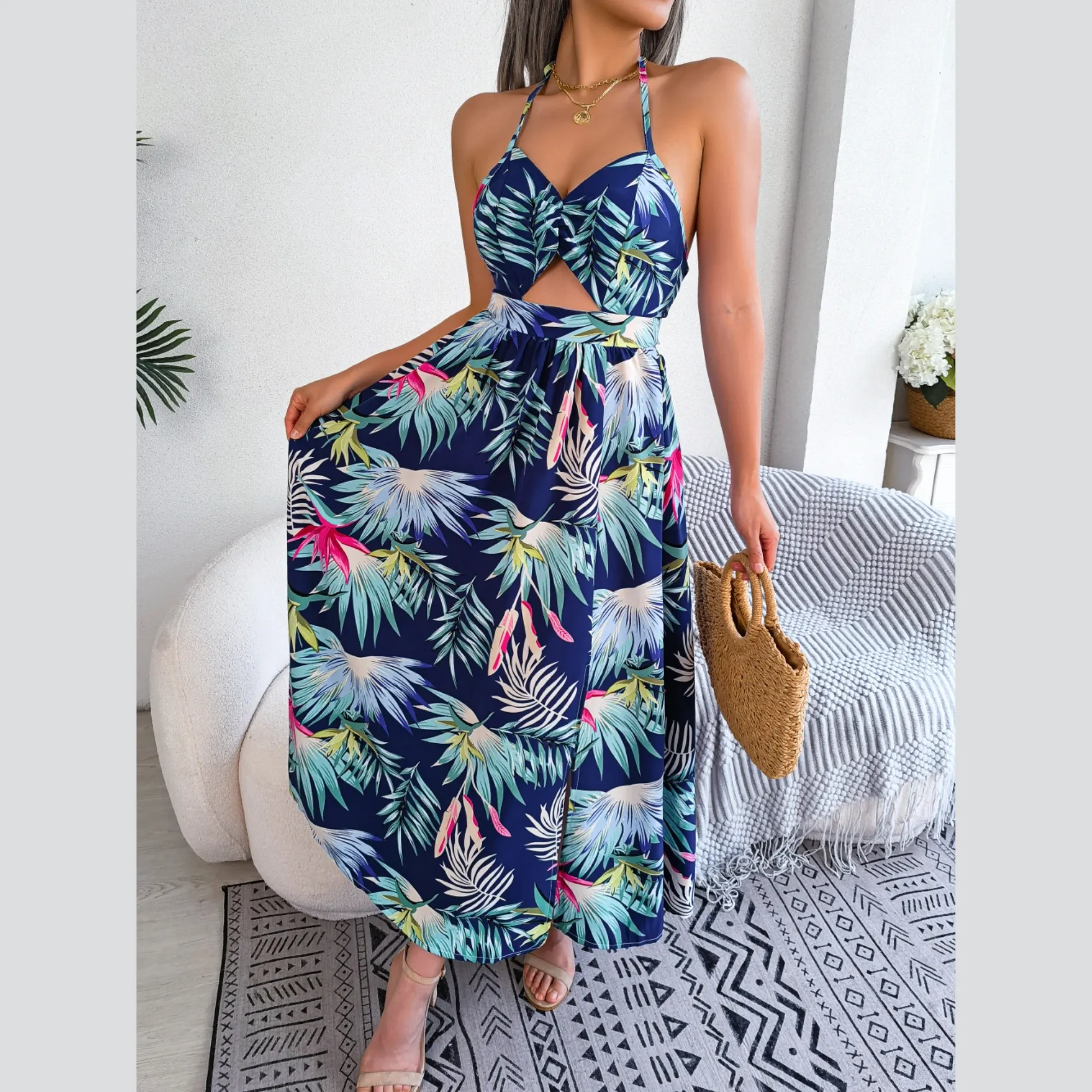 Eloise - Blue Floral Cutout Halter Dress