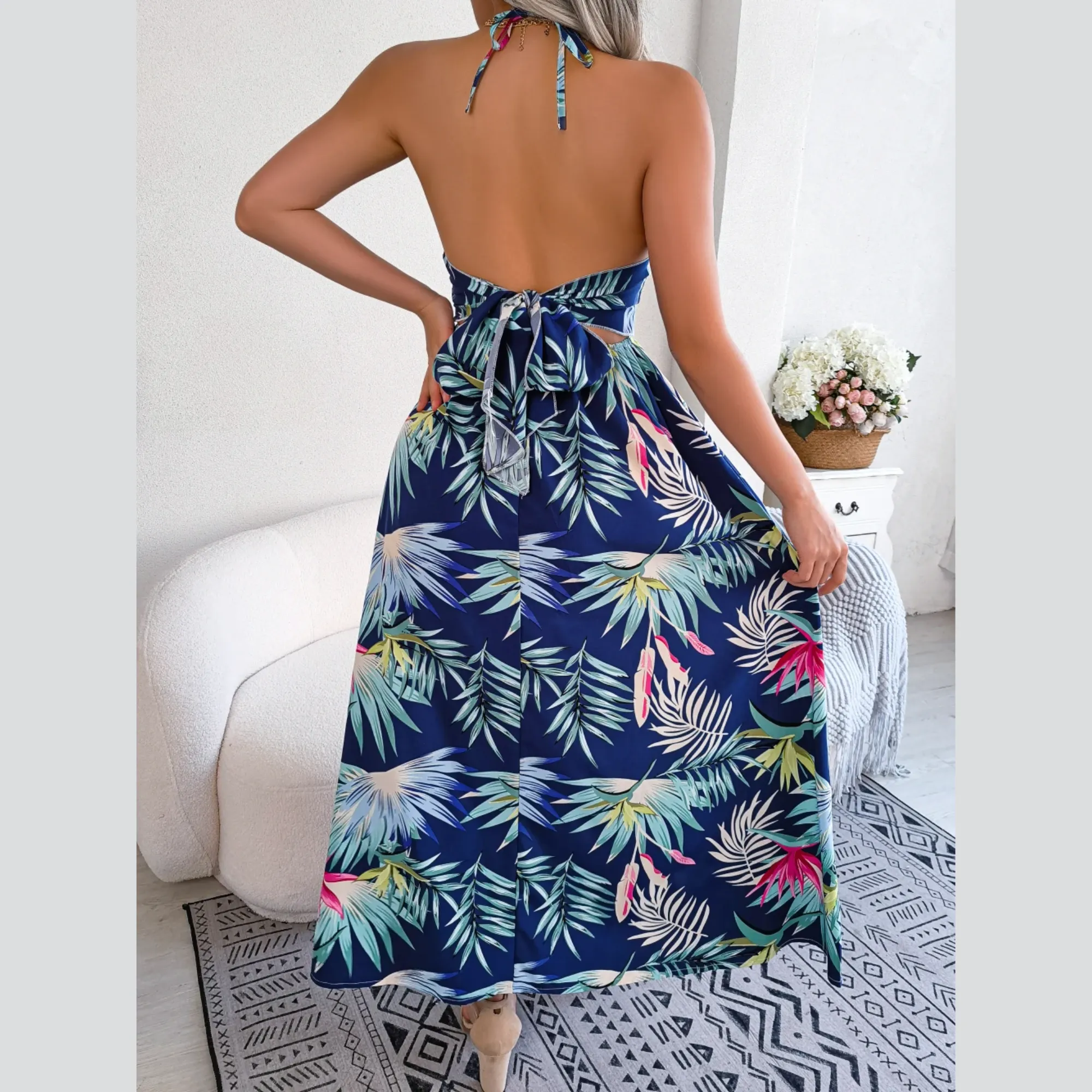 Eloise - Blue Floral Cutout Halter Dress