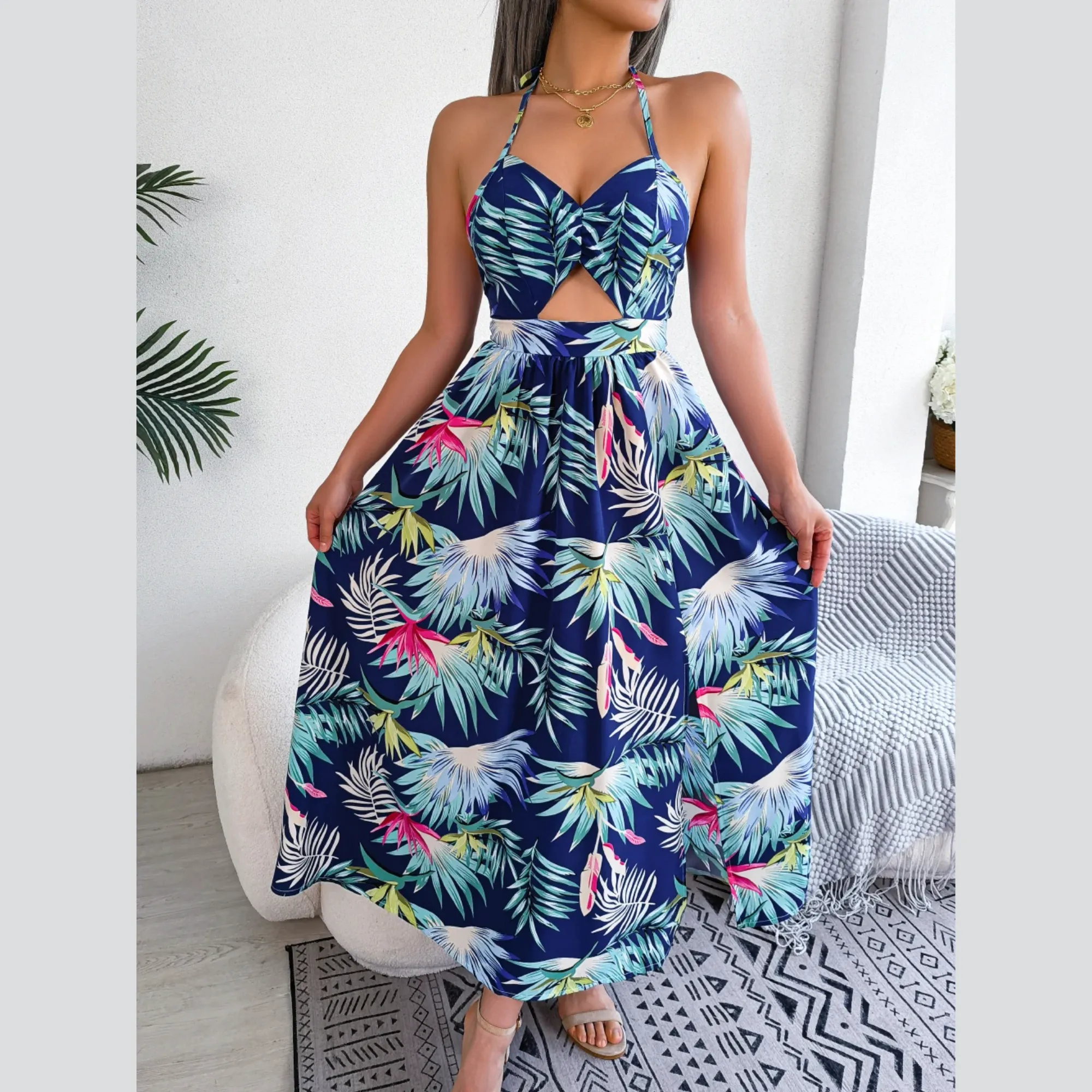 Eloise - Blue Floral Cutout Halter Dress