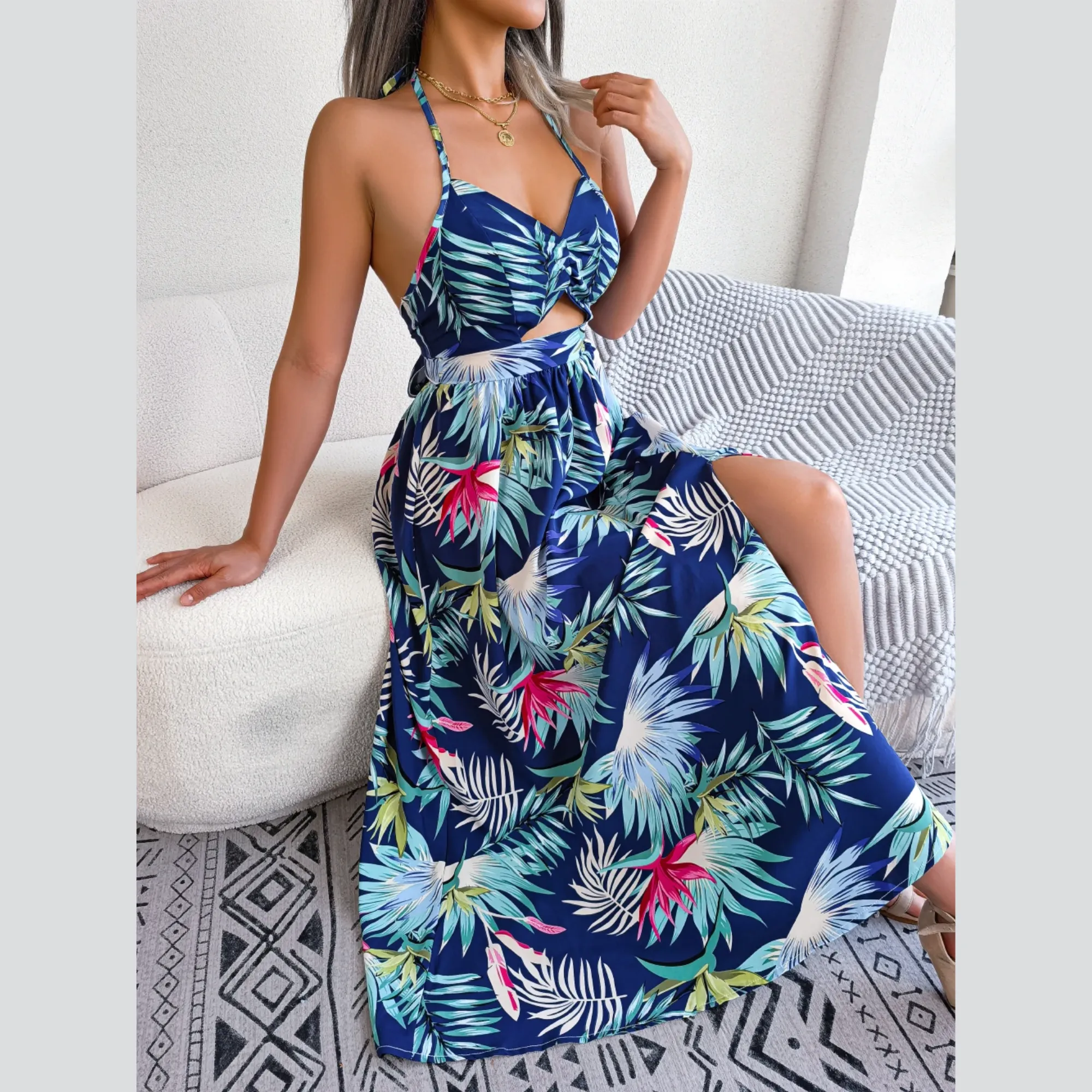 Eloise - Blue Floral Cutout Halter Dress