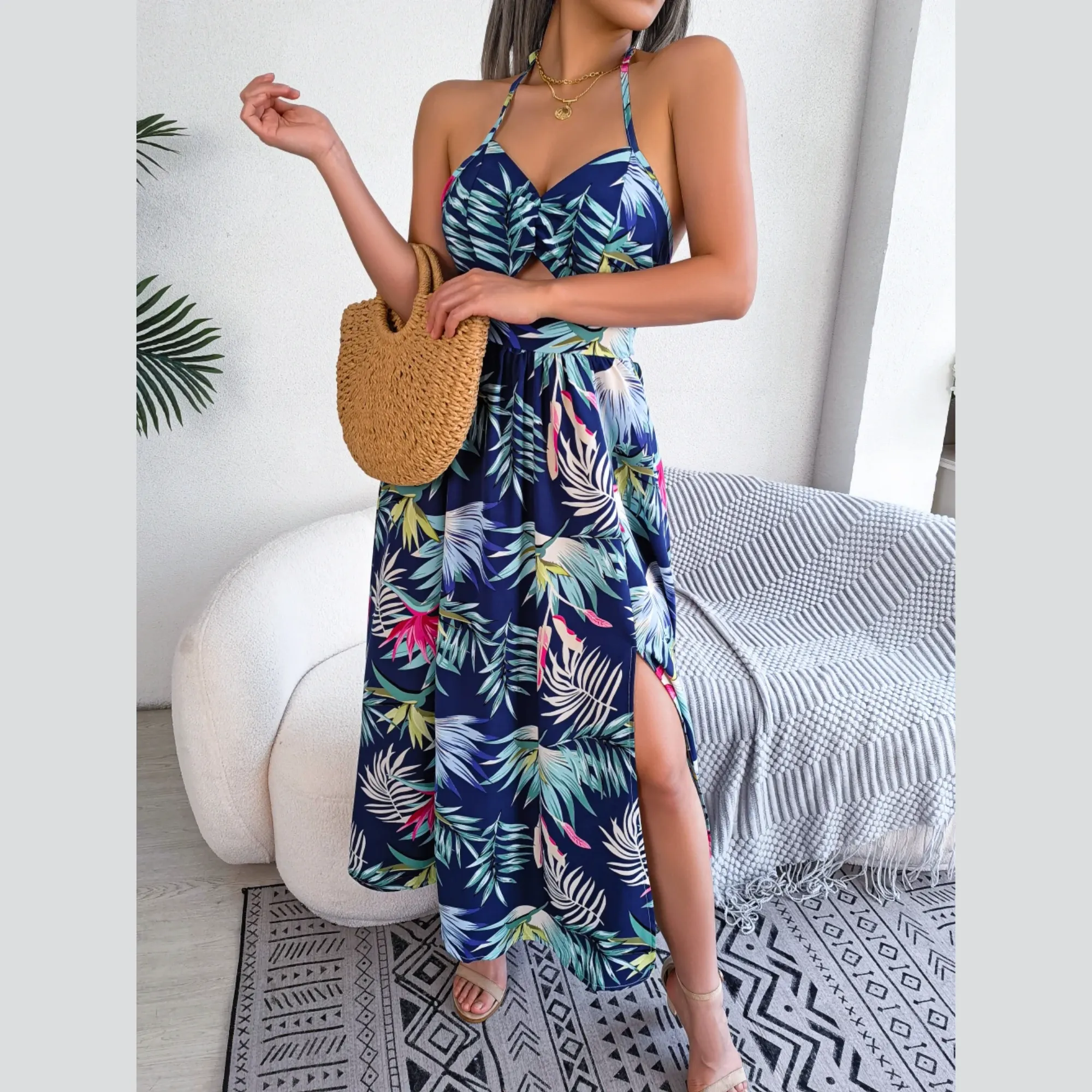 Eloise - Blue Floral Cutout Halter Dress