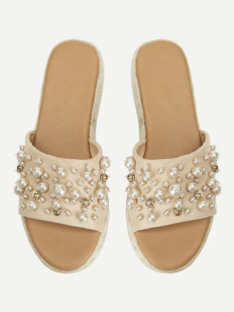 Faux Pearl Espadrille Platform Wedges