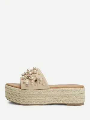 Faux Pearl Espadrille Platform Wedges