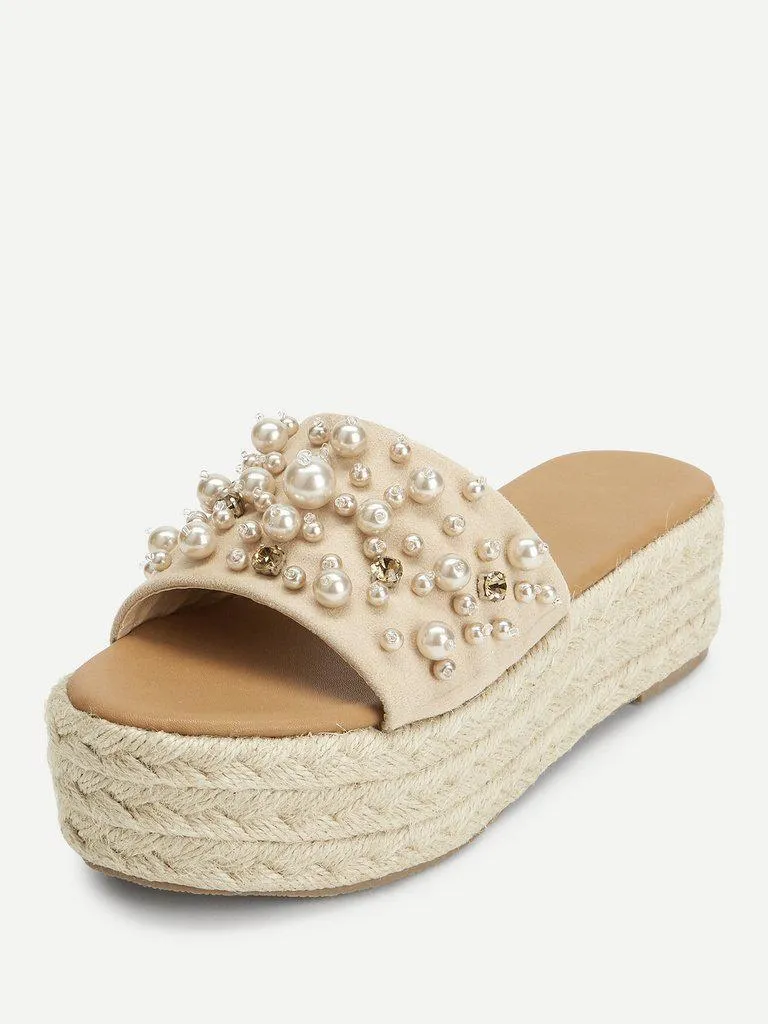 Faux Pearl Espadrille Platform Wedges