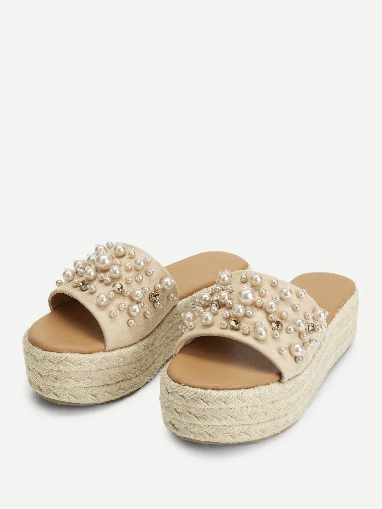 Faux Pearl Espadrille Platform Wedges