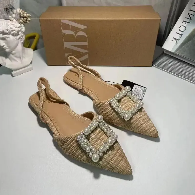 Flat Shoes Pearl Espadrilles for women Casual Slingback Rhinestone Shoes Woman Spring Summer Ladies Low heel Shoes