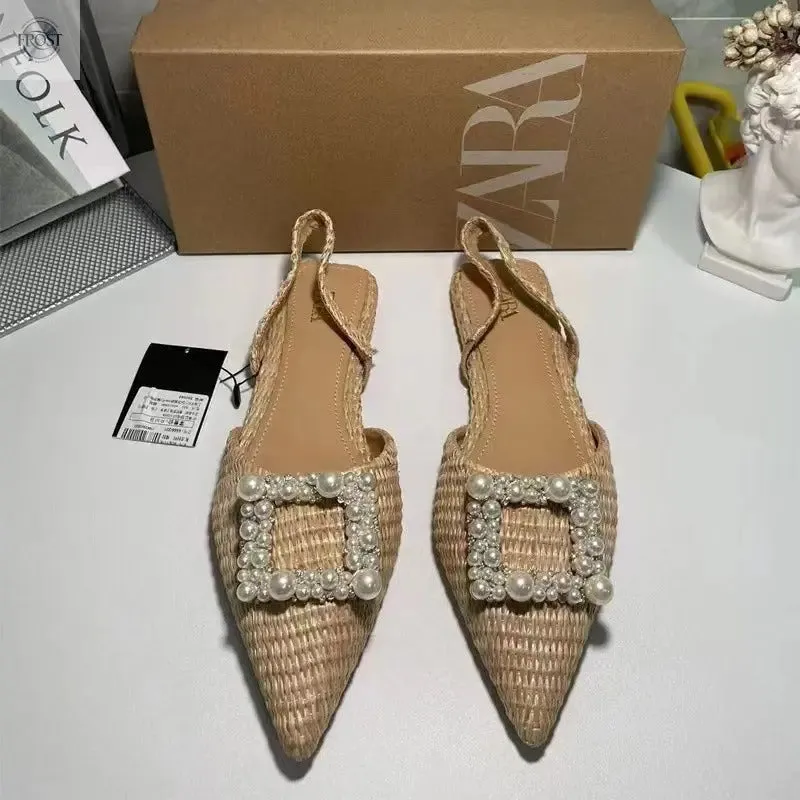 Flat Shoes Pearl Espadrilles for women Casual Slingback Rhinestone Shoes Woman Spring Summer Ladies Low heel Shoes