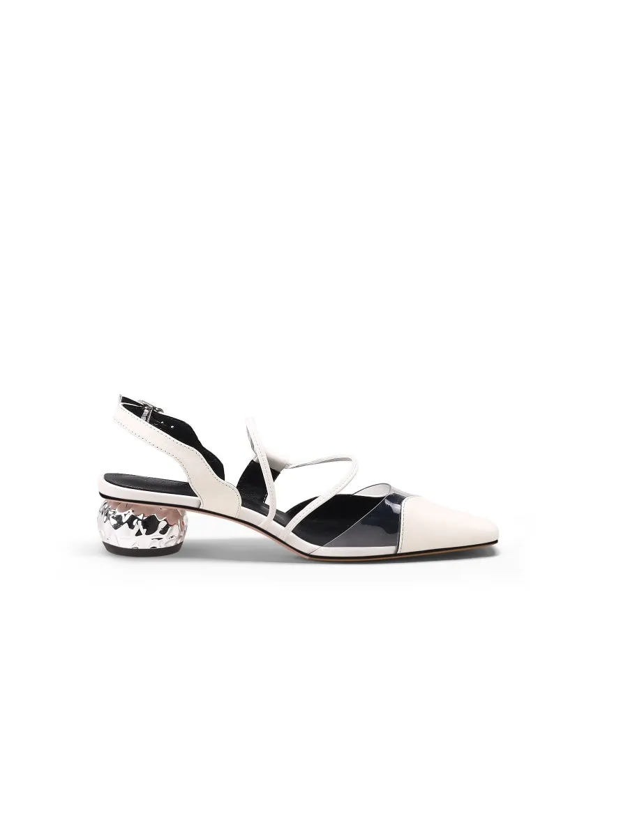 Genuine Leather Double Strap-Detail Point Toe Low Heel D'Orsay Pumps Sandals- Cream