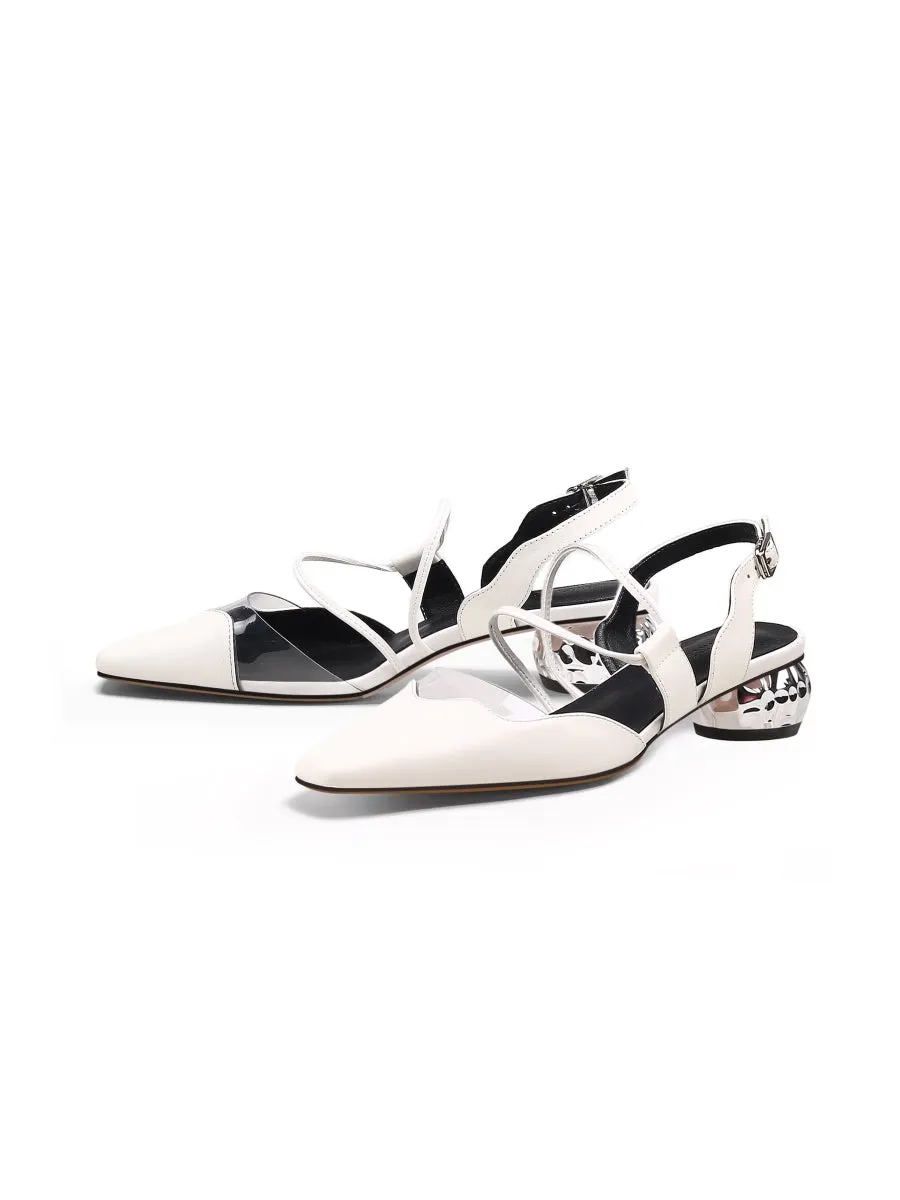 Genuine Leather Double Strap-Detail Point Toe Low Heel D'Orsay Pumps Sandals- Cream