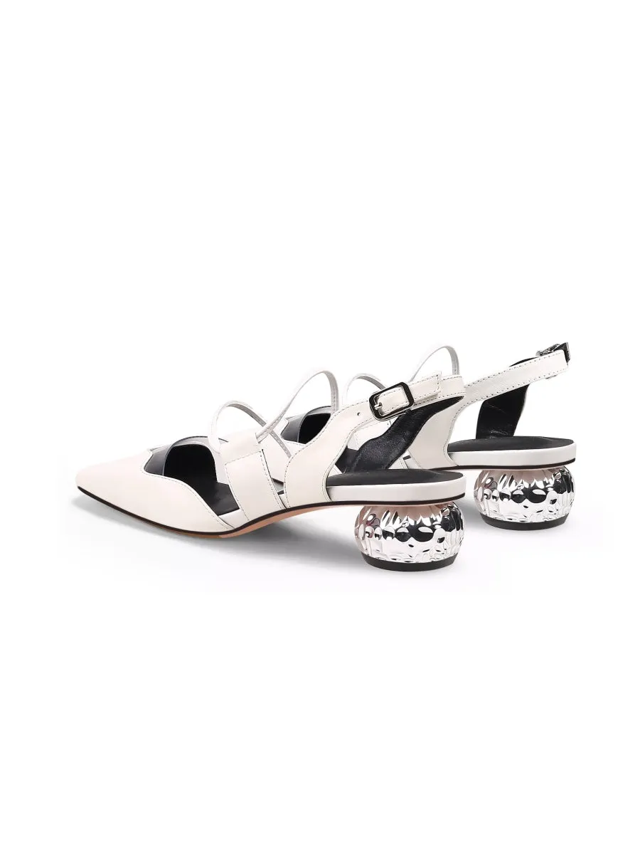Genuine Leather Double Strap-Detail Point Toe Low Heel D'Orsay Pumps Sandals- Cream