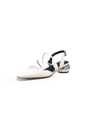 Genuine Leather Double Strap-Detail Point Toe Low Heel D'Orsay Pumps Sandals- Cream
