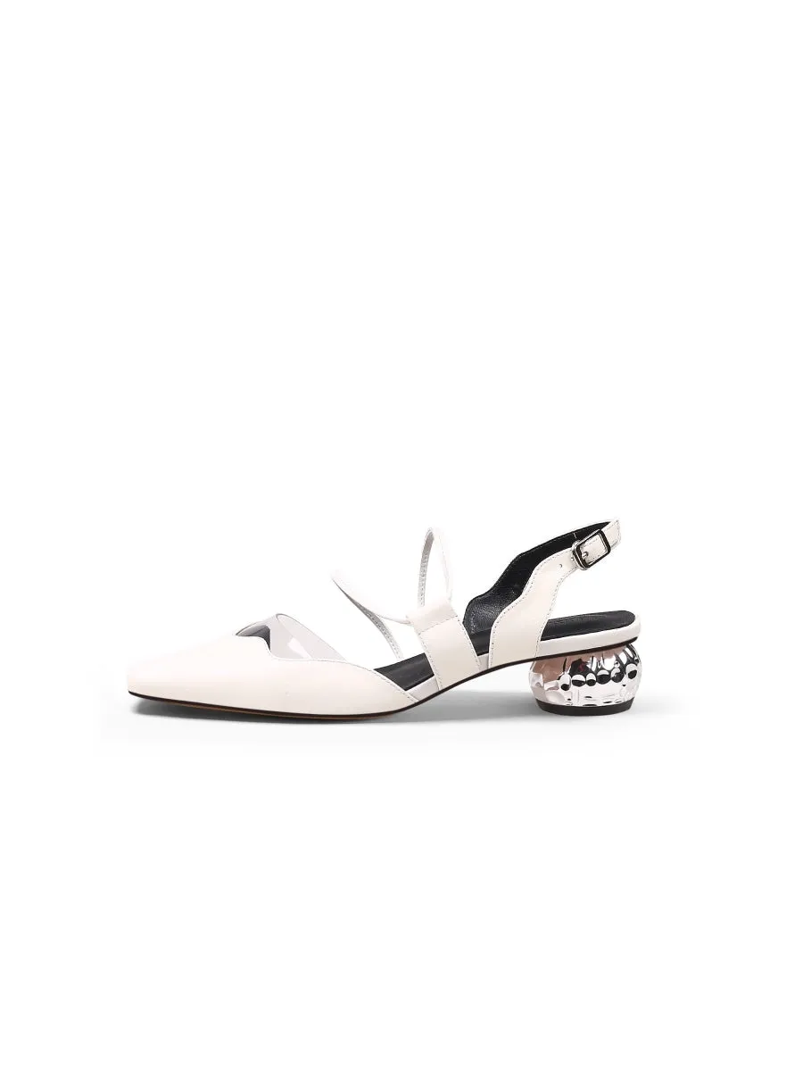 Genuine Leather Double Strap-Detail Point Toe Low Heel D'Orsay Pumps Sandals- Cream