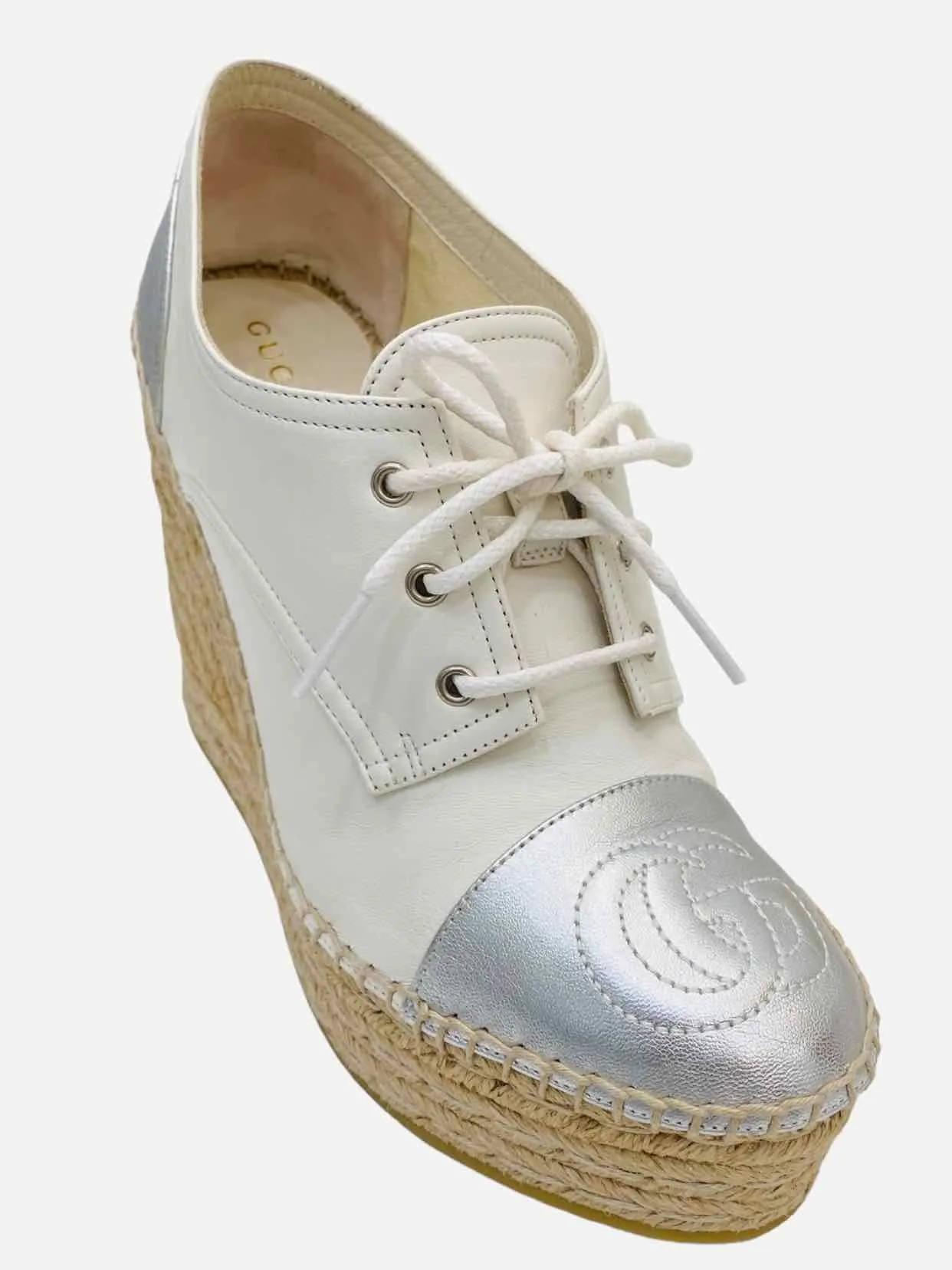 GUCCI Espadrille White w/ Silver Logo Wedges 37.5