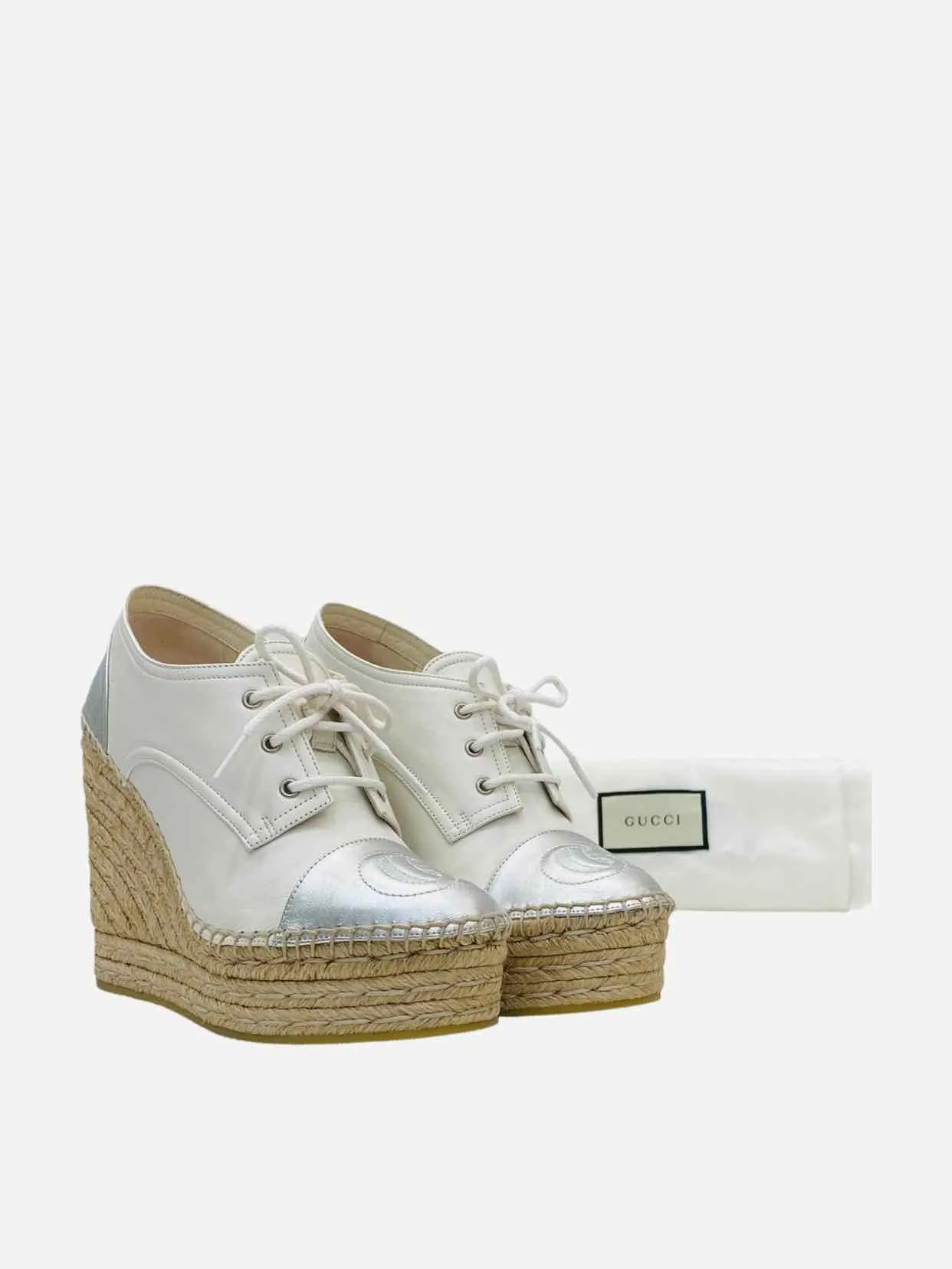 GUCCI Espadrille White w/ Silver Logo Wedges 37.5
