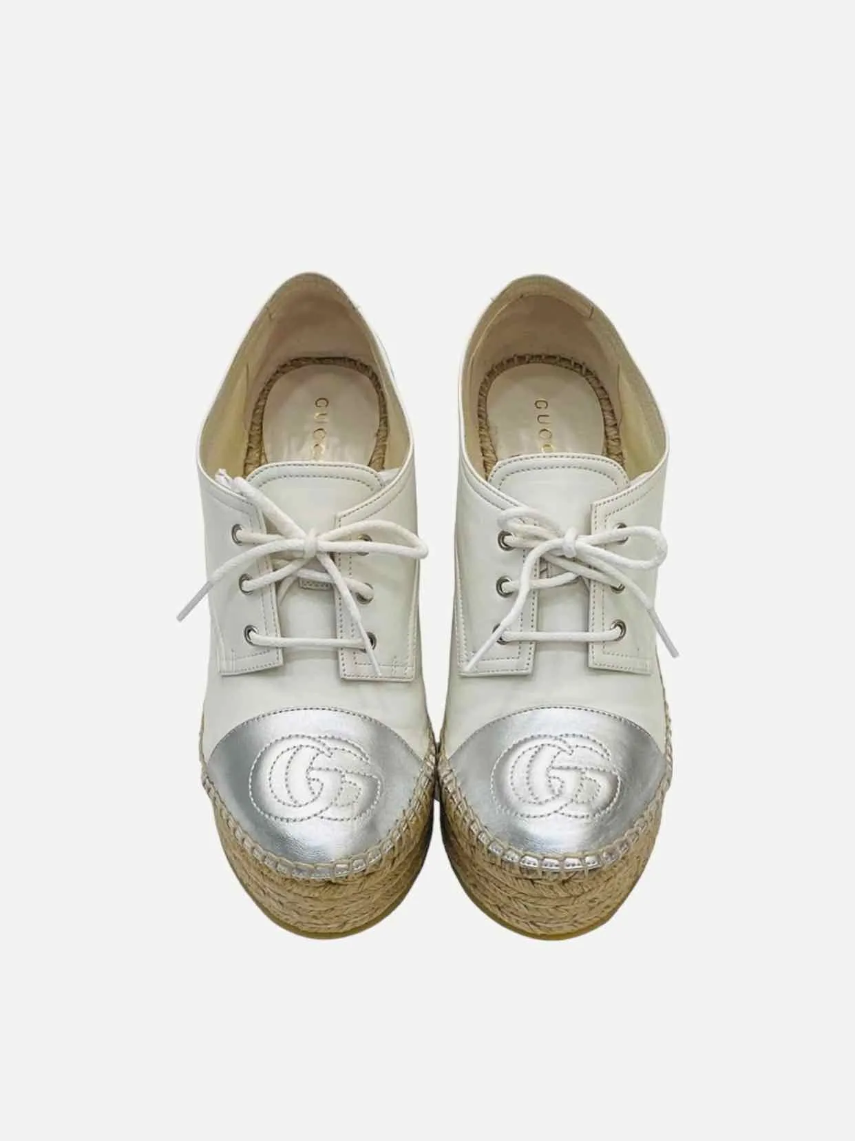 GUCCI Espadrille White w/ Silver Logo Wedges 37.5