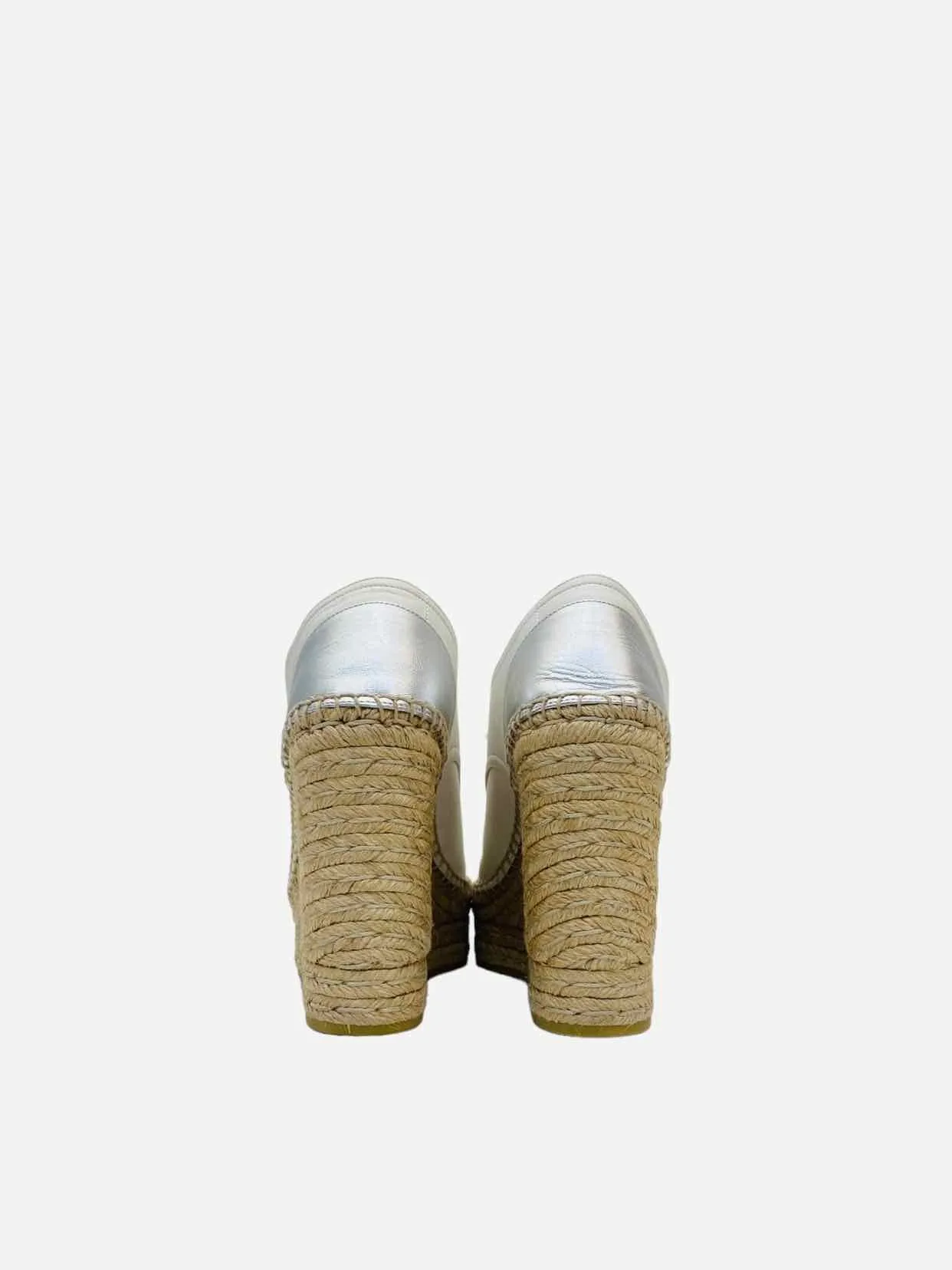 GUCCI Espadrille White w/ Silver Logo Wedges 37.5