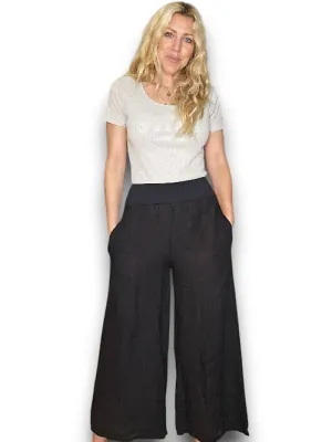 HELGA MAY Italian Linen Wide Leg Pants Plain ~ Black