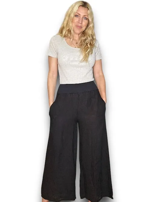 HELGA MAY Italian Linen Wide Leg Pants Plain ~ Black