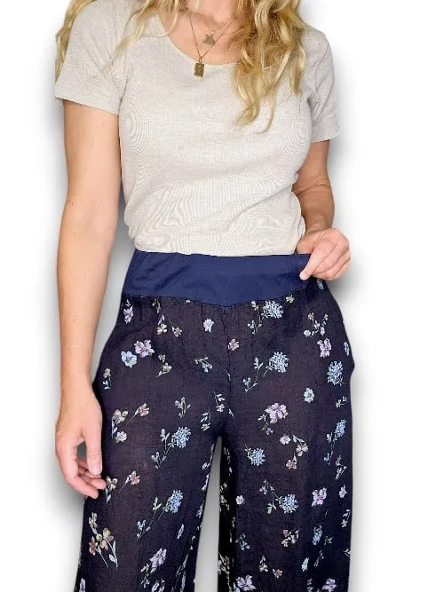 HELGA MAY Italian Linen Wide Leg Pants 'Windy Bloom' ~ Navy