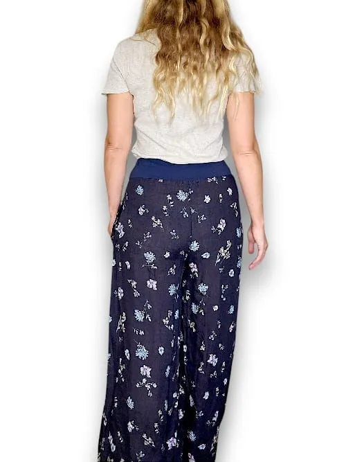 HELGA MAY Italian Linen Wide Leg Pants 'Windy Bloom' ~ Navy