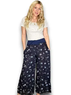 HELGA MAY Italian Linen Wide Leg Pants 'Windy Bloom' ~ Navy