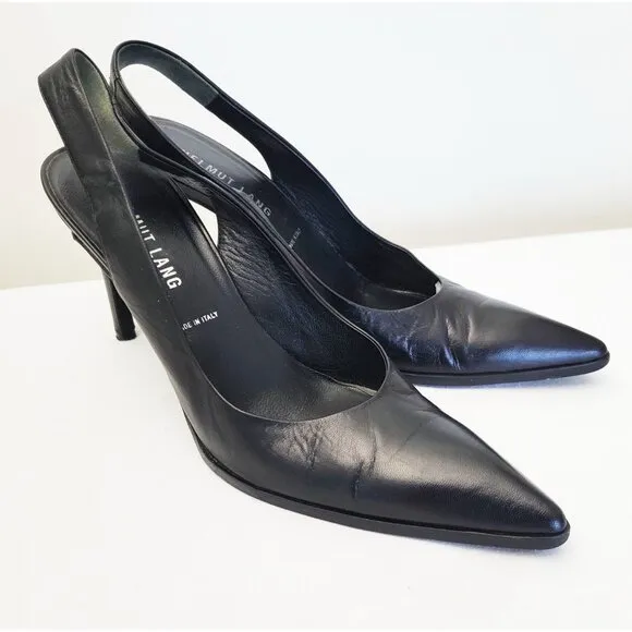 Helmut Lang Womens Slingback Heels Point Toe Pumps Stilello Black Leather 36