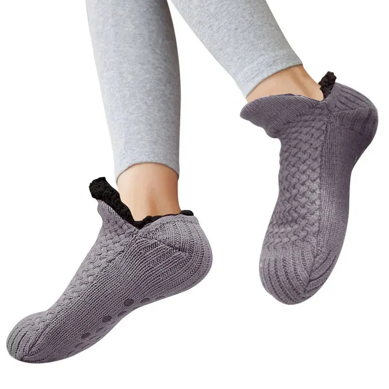 Indoor Non Slip Thermal Floor Shoes Slipper Men Women Knitted Slipper Socks Warm Fleece Fuzzy Floor Socks Winter Bedroom Slides