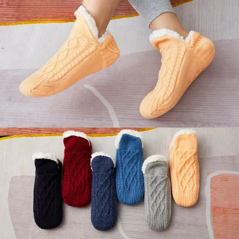 Indoor Non Slip Thermal Floor Shoes Slipper Men Women Knitted Slipper Socks Warm Fleece Fuzzy Floor Socks Winter Bedroom Slides