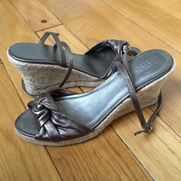 J. Crew Pewter Metallic Leather Espadrille Wedges