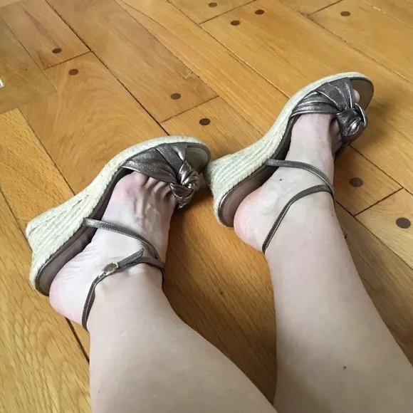 J. Crew Pewter Metallic Leather Espadrille Wedges