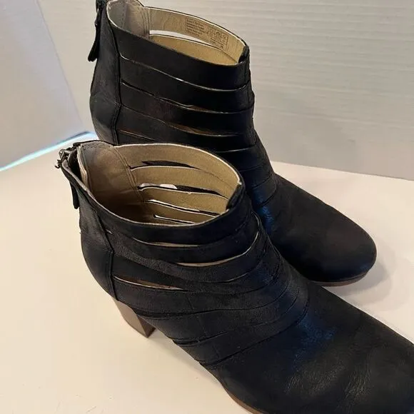 Josef Seibel Bonnie Black Leather Ankle Stacked Block Heel Booties EUR 39 / 8