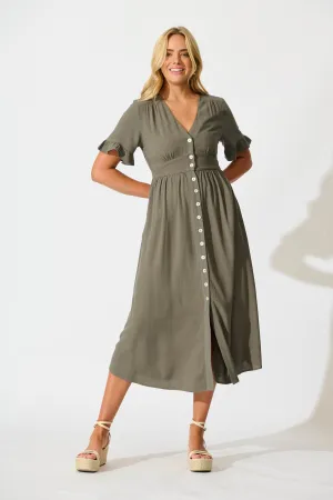 Khaki Linen Blend Midi Dress by Daysia