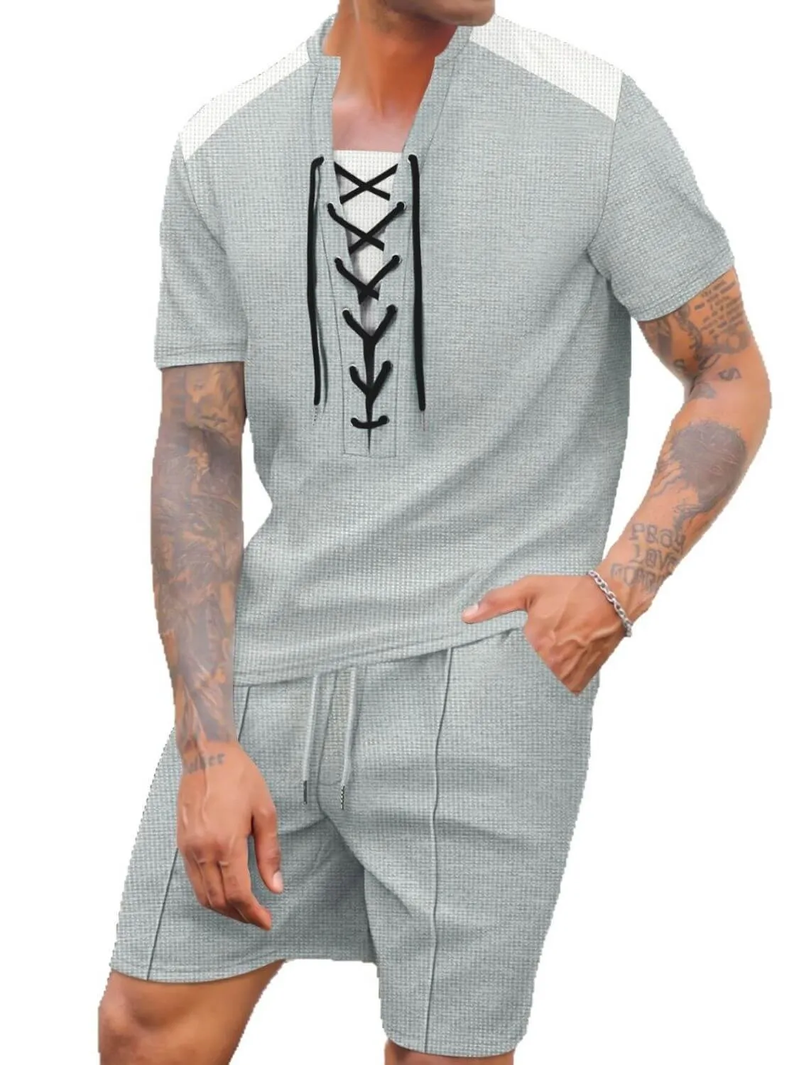 Lace-Up Waffle Knit Top & Shorts Set – Cozy 2-Piece
