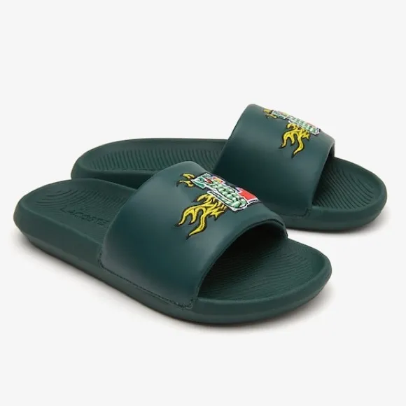 LACOSTE men’s GREEN MULTICOLORED EMBROIDERED LOGO - Croco Slides