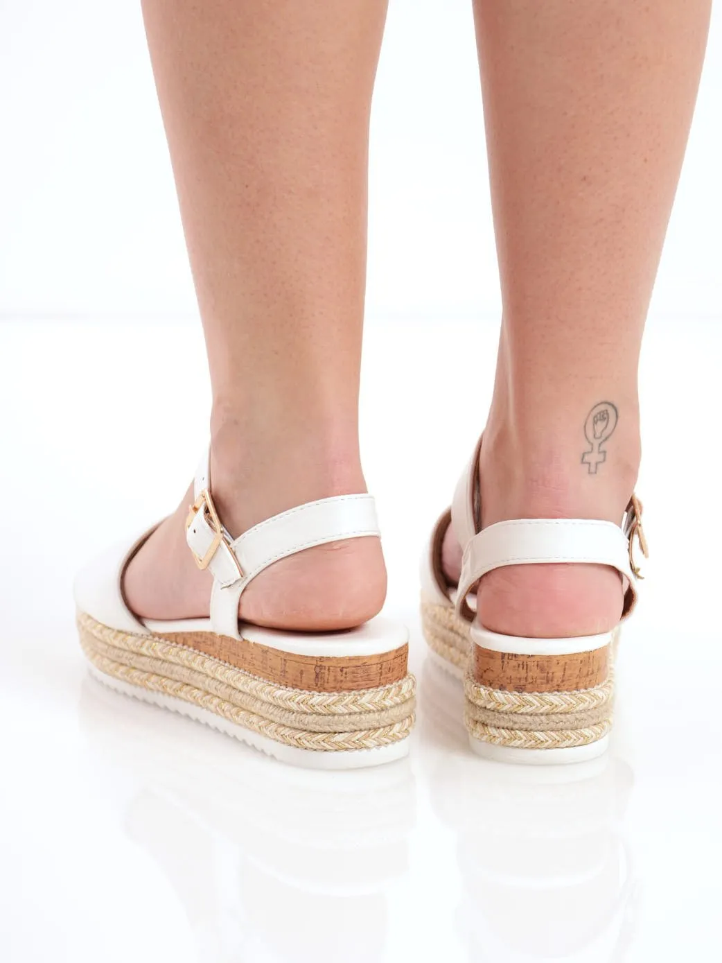 Ladies Platform Cork And Rope Espadrille Mule Heel - White
