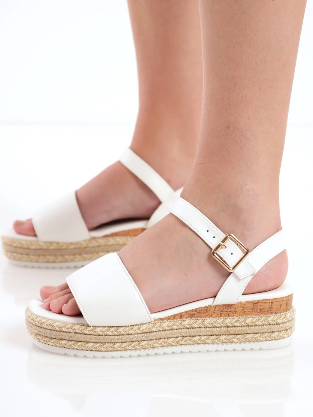 Ladies Platform Cork And Rope Espadrille Mule Heel - White