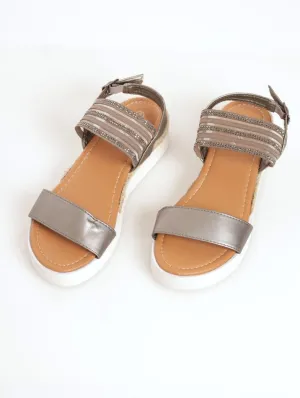 Ladies White Cleated Mini-Wedge Rope Sandal - Pewter