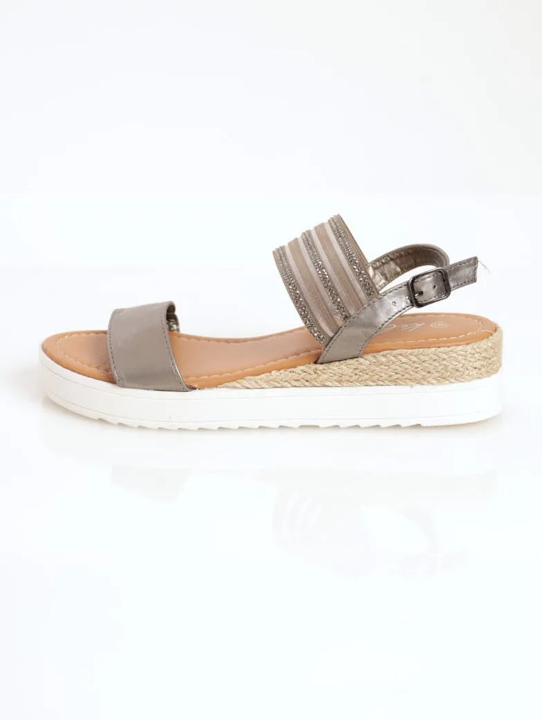 Ladies White Cleated Mini-Wedge Rope Sandal - Pewter