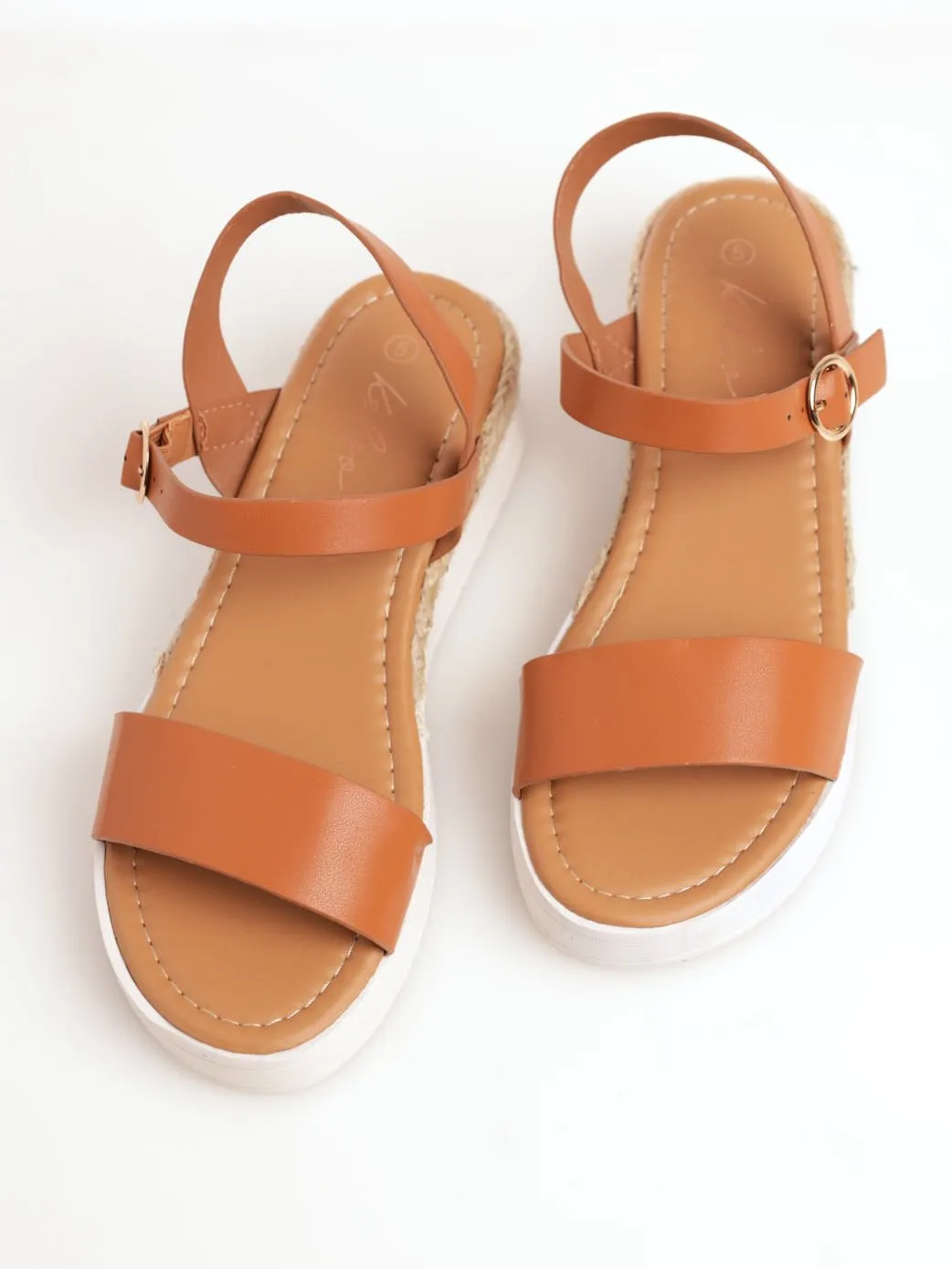 Ladies White Cleated Mini-Wedge Rope Sandal - Tan