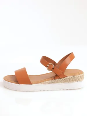 Ladies White Cleated Mini-Wedge Rope Sandal - Tan