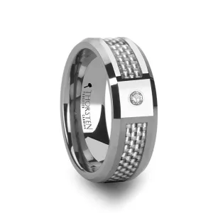 LARK Tungsten Ring With White Carbon Fiber And White Diamond Setting - 8mm