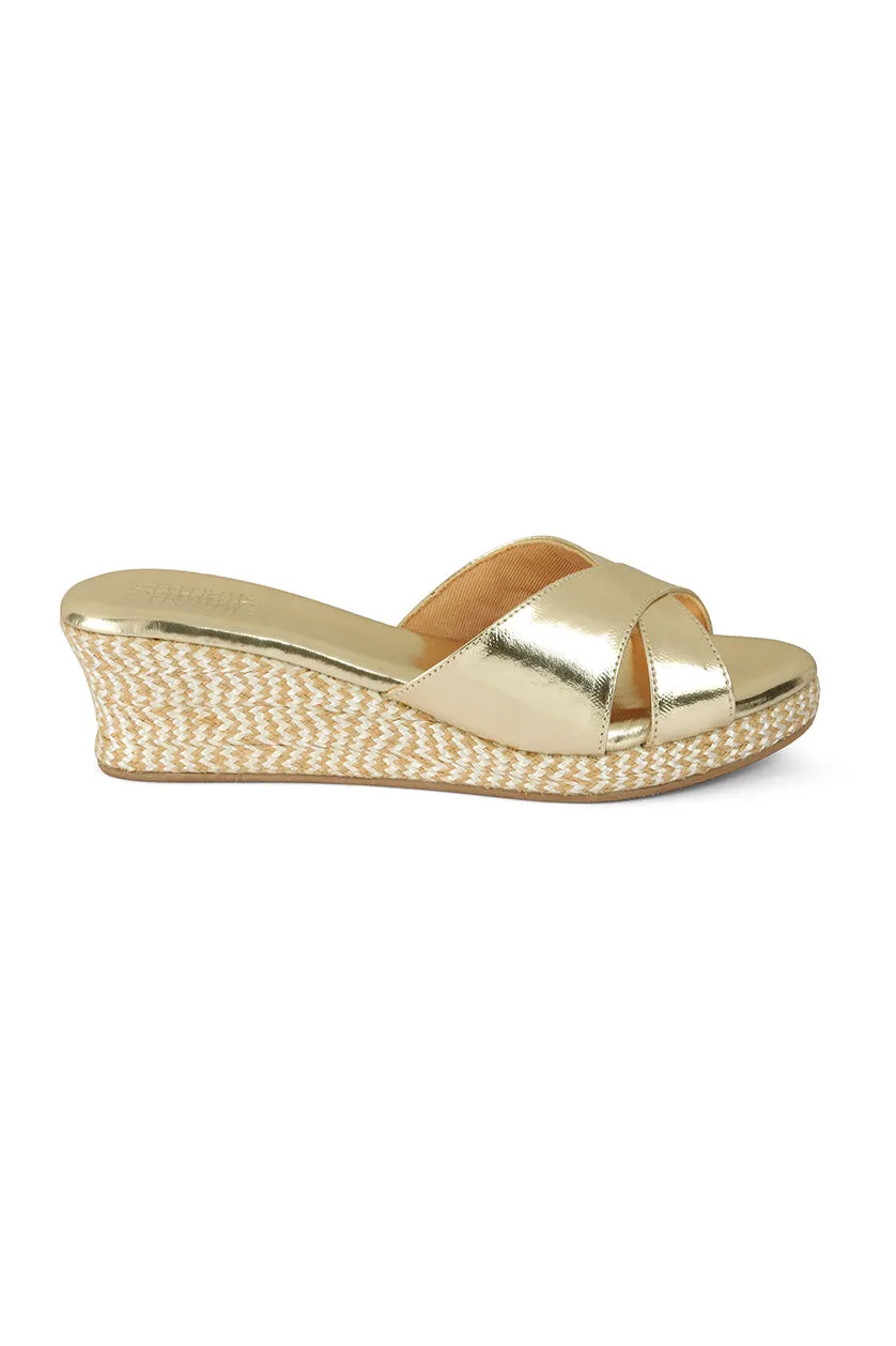 Light Gold Cross Front Low Wedges