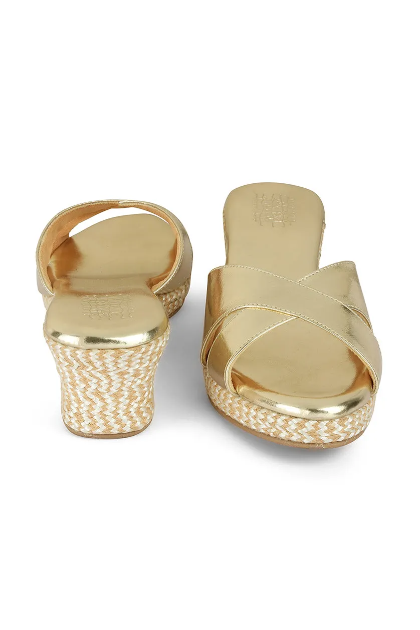 Light Gold Cross Front Low Wedges